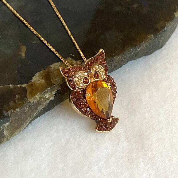 Gold Vermeil Sterling Silver 925 Brown Orange Rhinestone Owl Pendant Necklace - Picture 4 of 16